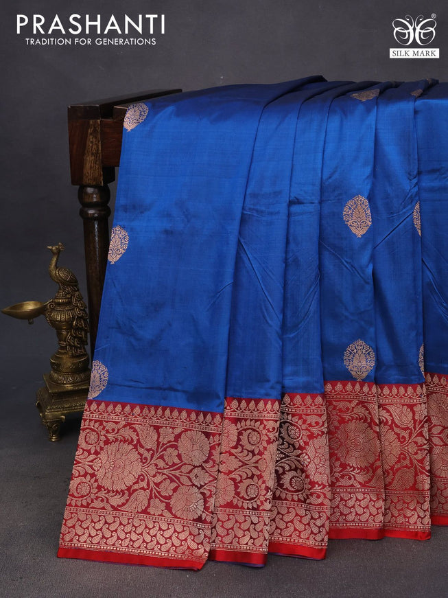 Pure banarasi katan silk saree cs blue and red with copper zari woven buttas and floral zari woven border