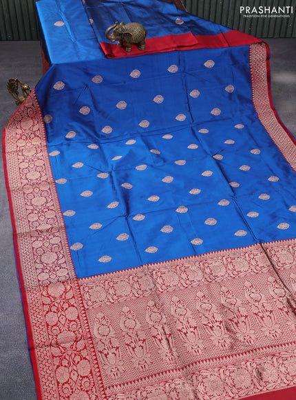 Pure banarasi katan silk saree cs blue and red with copper zari woven buttas and floral zari woven border