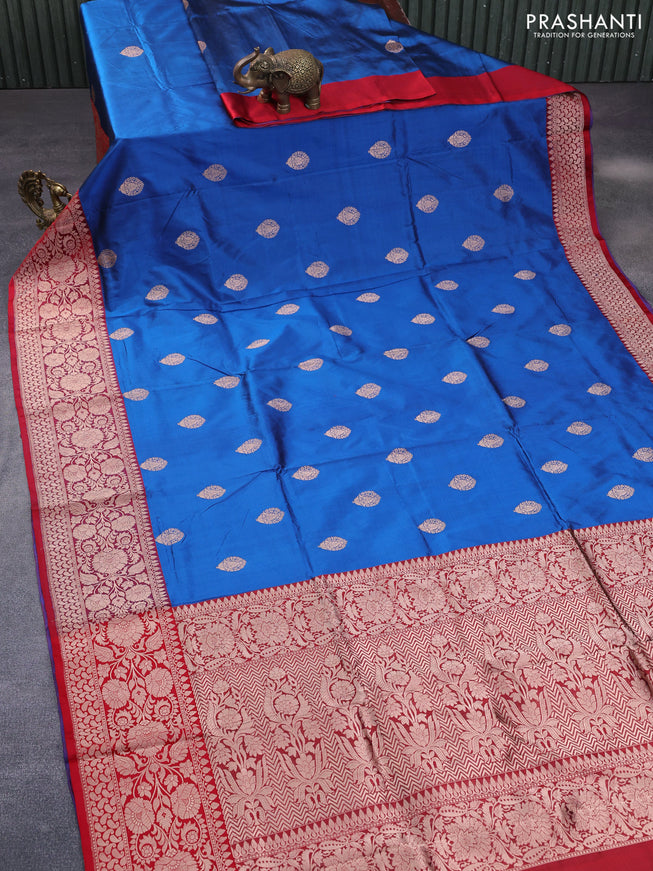 Pure banarasi katan silk saree cs blue and red with copper zari woven buttas and floral zari woven border