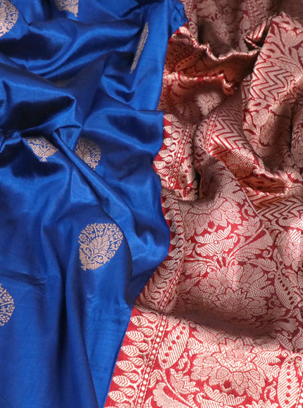 Pure banarasi katan silk saree cs blue and red with copper zari woven buttas and floral zari woven border