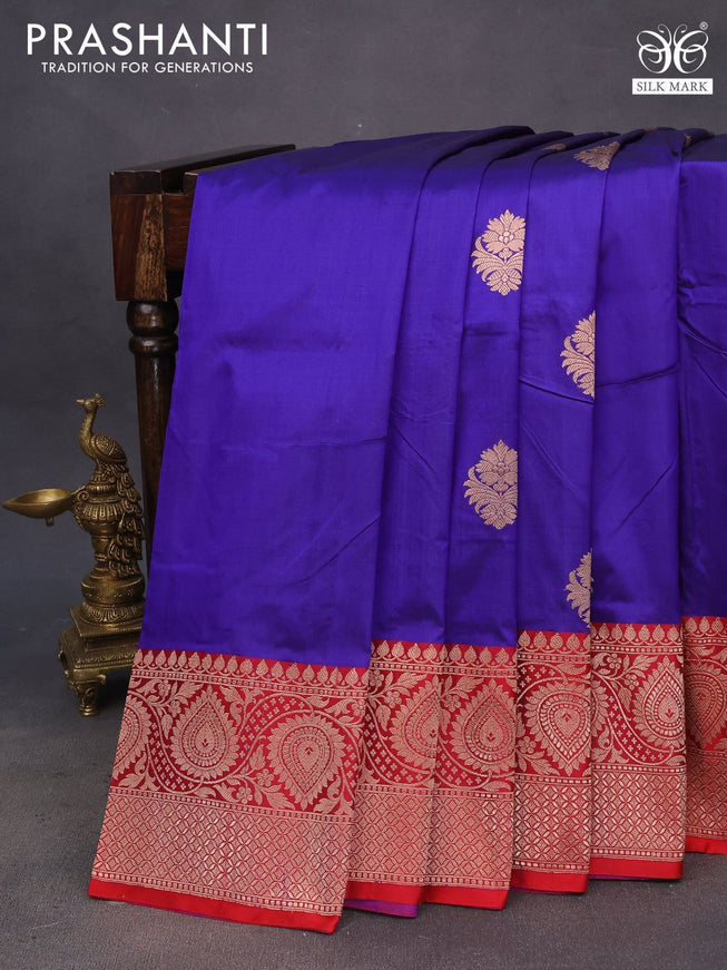 Pure banarasi katan silk saree blue and red with copper zari woven buttas and zari woven border