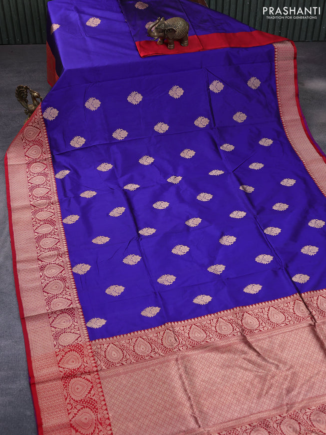 Pure banarasi katan silk saree blue and red with copper zari woven buttas and zari woven border