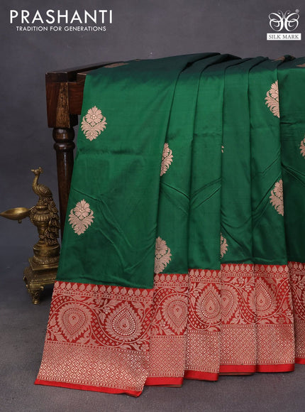 Pure banarasi katan silk saree green and red with copper zari woven buttas and zari woven border