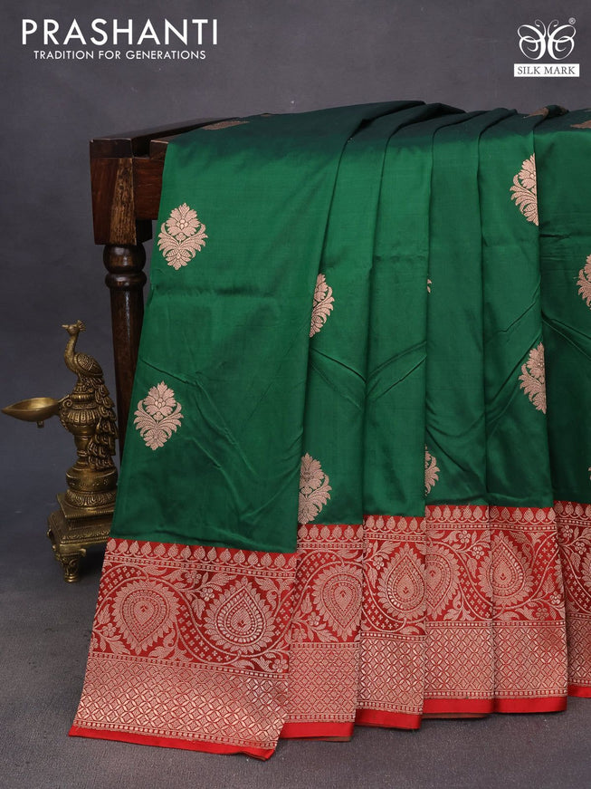 Pure banarasi katan silk saree green and red with copper zari woven buttas and zari woven border