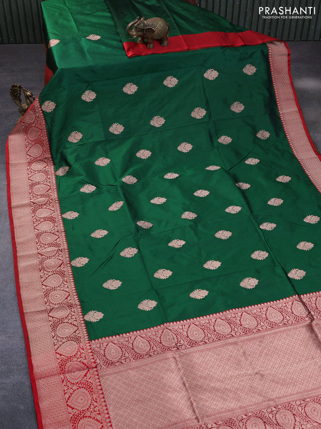 Pure banarasi katan silk saree green and red with copper zari woven buttas and zari woven border