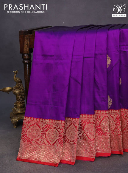 Pure banarasi katan silk saree violet and red with copper zari woven buttas and zari woven border