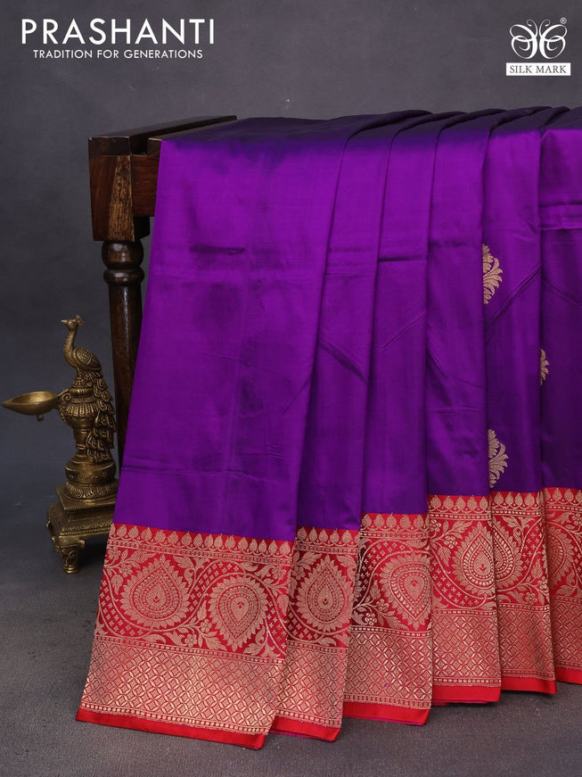 Pure banarasi katan silk saree violet and red with copper zari woven buttas and zari woven border