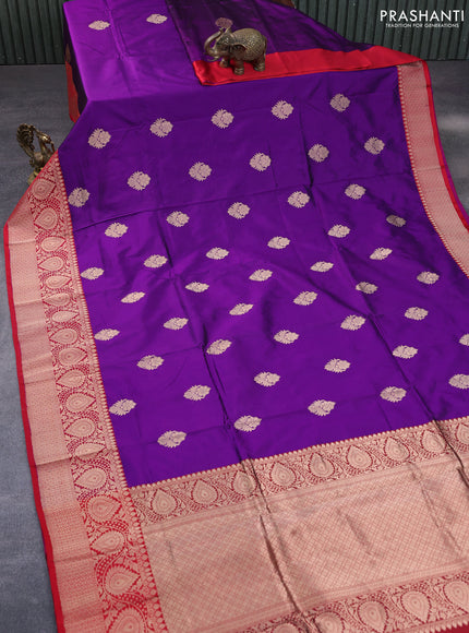 Pure banarasi katan silk saree violet and red with copper zari woven buttas and zari woven border