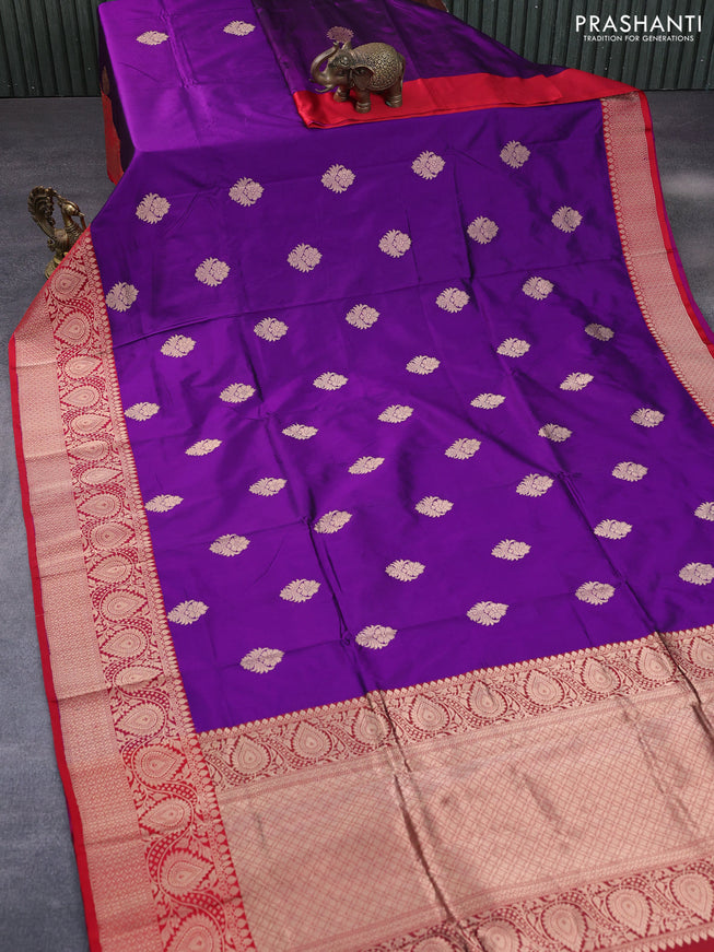 Pure banarasi katan silk saree violet and red with copper zari woven buttas and zari woven border