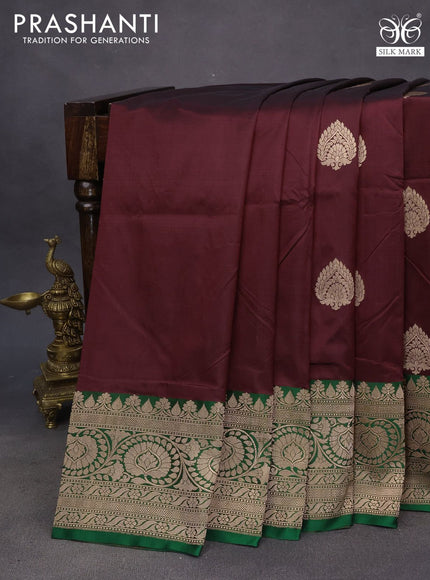 Pure banarasi katan silk saree deep maroon and green with zari woven buttas and floral zari woven border