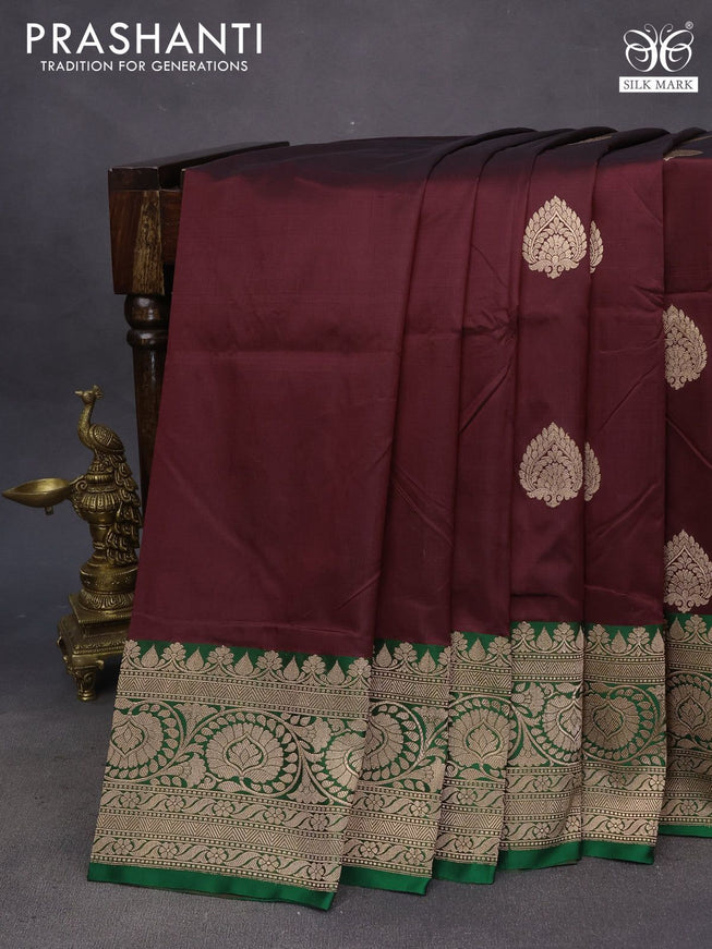 Pure banarasi katan silk saree deep maroon and green with zari woven buttas and floral zari woven border