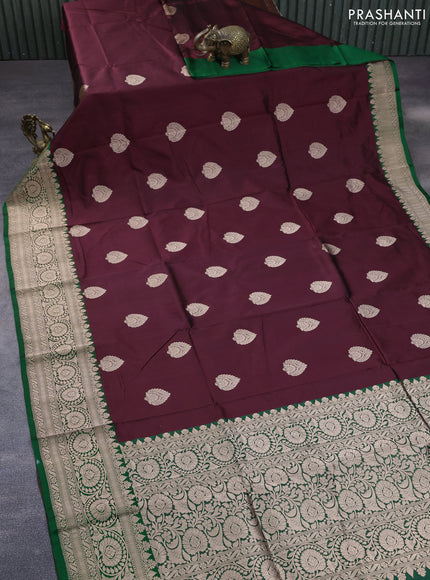 Pure banarasi katan silk saree deep maroon and green with zari woven buttas and floral zari woven border