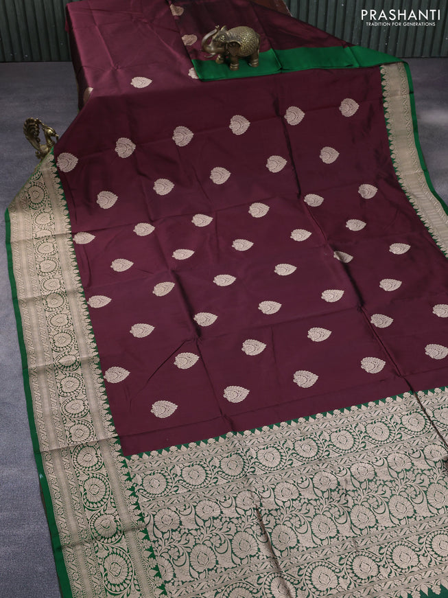 Pure banarasi katan silk saree deep maroon and green with zari woven buttas and floral zari woven border