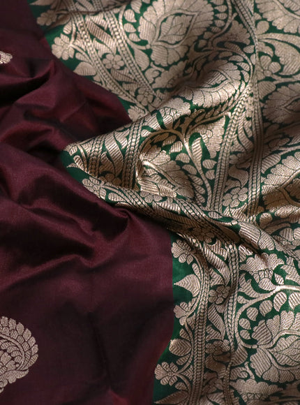 Pure banarasi katan silk saree deep maroon and green with zari woven buttas and floral zari woven border