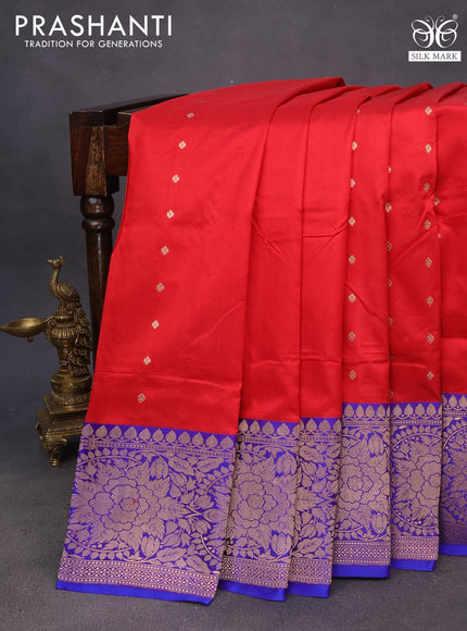 Pure banarasi katan silk saree red and blue with allover zari woven buttas and floral zari woven border