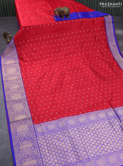 Pure banarasi katan silk saree red and blue with allover zari woven buttas and floral zari woven border