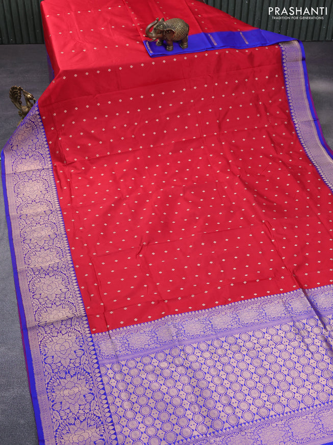 Pure banarasi katan silk saree red and blue with allover zari woven buttas and floral zari woven border