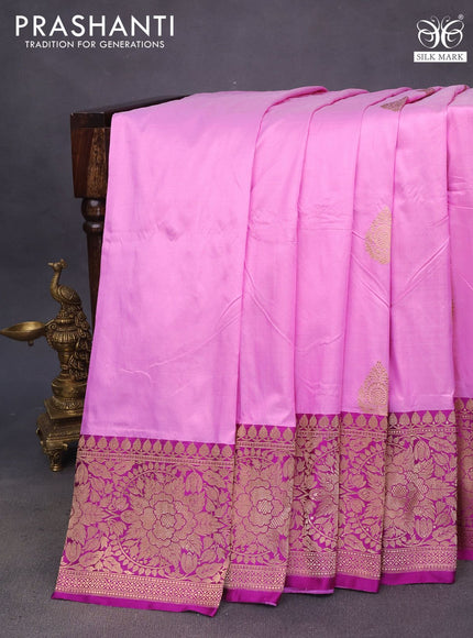 Pure banarasi katan silk saree light pink and purple with zari woven buttas and floral zari woven border