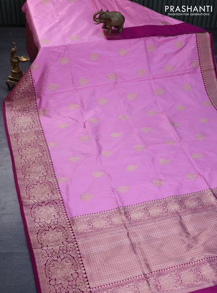 Pure banarasi katan silk saree light pink and purple with zari woven buttas and floral zari woven border