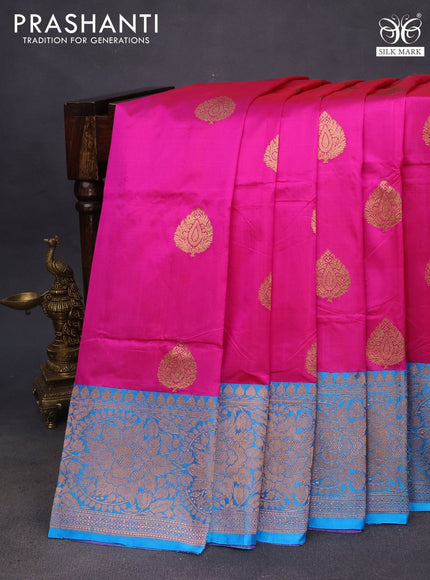 Pure banarasi katan silk saree pink and blue with zari woven buttas and floral zari woven border