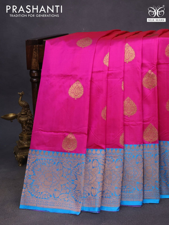 Pure banarasi katan silk saree pink and blue with zari woven buttas and floral zari woven border