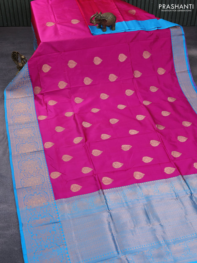 Pure banarasi katan silk saree pink and blue with zari woven buttas and floral zari woven border