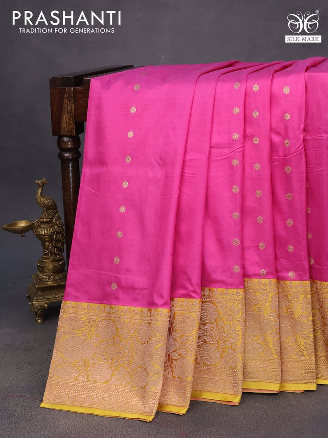 Pure banarasi katan silk saree pink and yellow with copper zari woven buttas and floral zari woven border