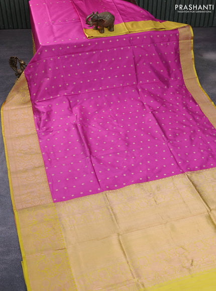 Pure banarasi katan silk saree pink and yellow with copper zari woven buttas and floral zari woven border