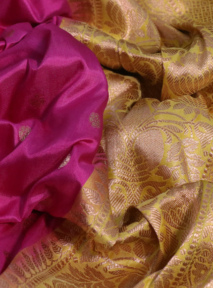 Pure banarasi katan silk saree pink and yellow with copper zari woven buttas and floral zari woven border