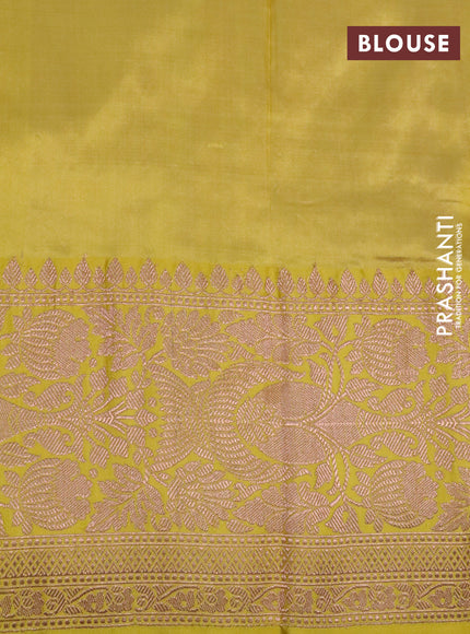 Pure banarasi katan silk saree pink and yellow with copper zari woven buttas and floral zari woven border