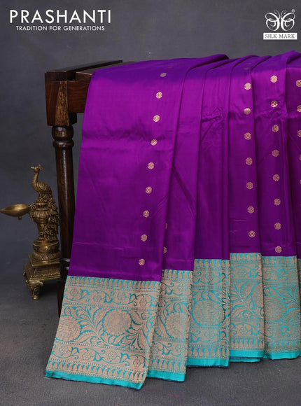 Pure banarasi katan silk saree deep purple and teal green with copper zari woven buttas and floral zari woven border