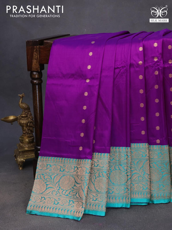 Pure banarasi katan silk saree deep purple and teal green with copper zari woven buttas and floral zari woven border