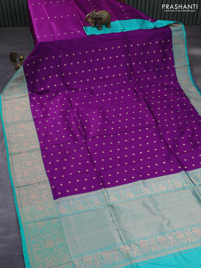 Pure banarasi katan silk saree deep purple and teal green with copper zari woven buttas and floral zari woven border