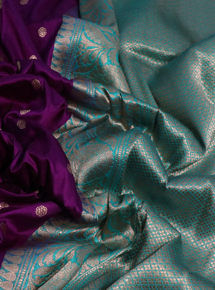 Pure banarasi katan silk saree deep purple and teal green with copper zari woven buttas and floral zari woven border