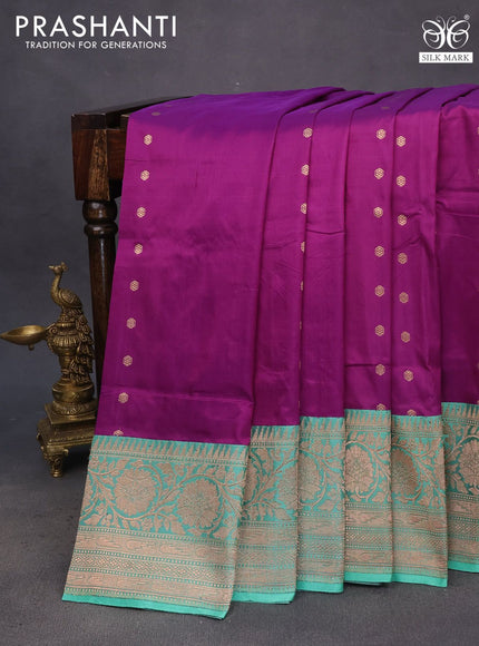 Pure banarasi katan silk saree deep purple and green with zari woven buttas and floral zari woven border