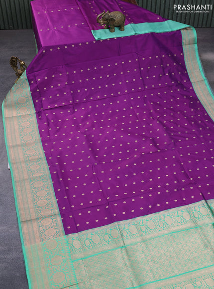 Pure banarasi katan silk saree deep purple and green with zari woven buttas and floral zari woven border