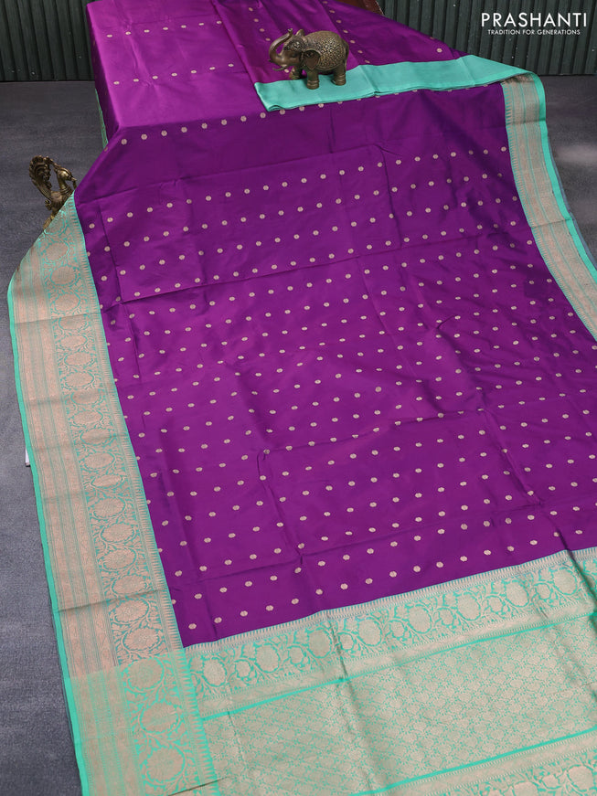 Pure banarasi katan silk saree deep purple and green with zari woven buttas and floral zari woven border