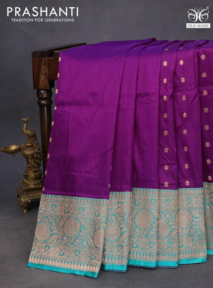 Pure banarasi katan silk saree deep purple and teal green with zari woven buttas and floral zari woven border