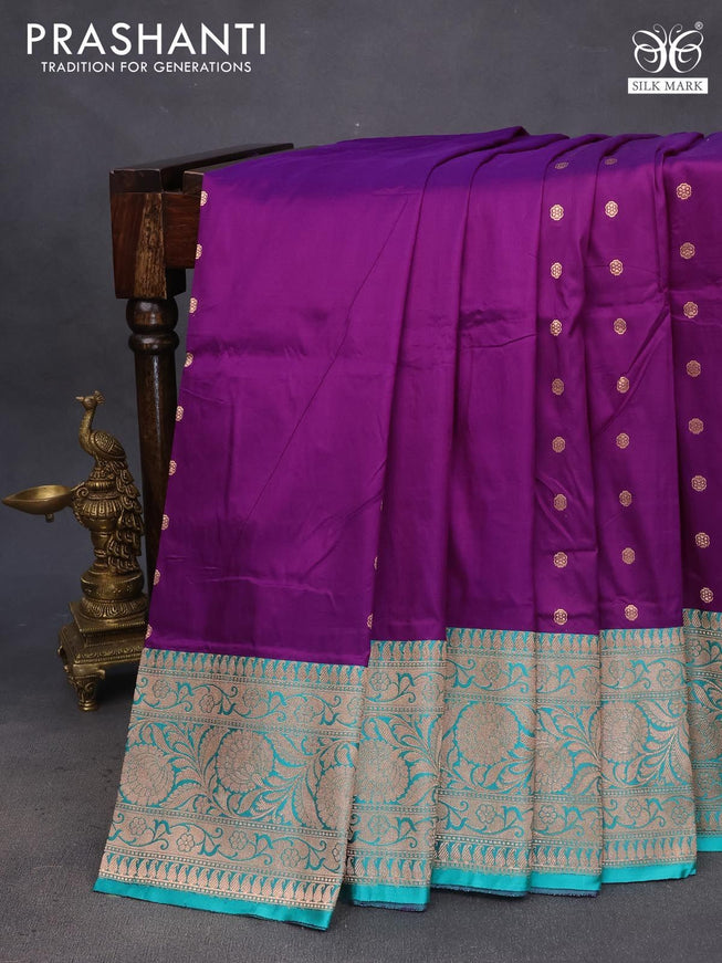 Pure banarasi katan silk saree deep purple and teal green with zari woven buttas and floral zari woven border