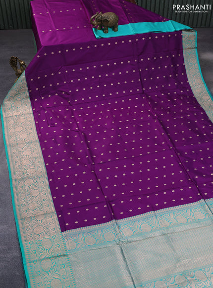 Pure banarasi katan silk saree deep purple and teal green with zari woven buttas and floral zari woven border