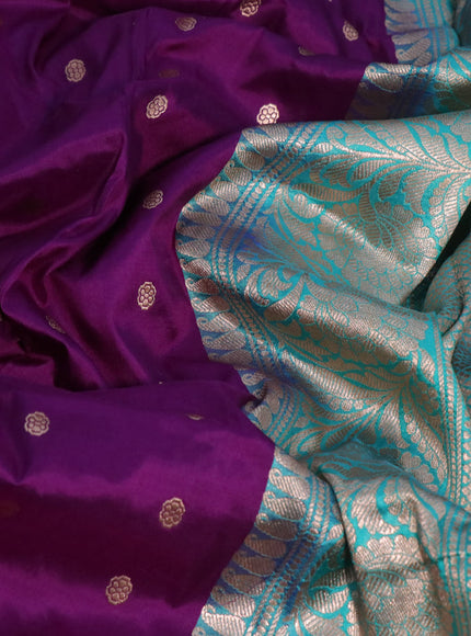 Pure banarasi katan silk saree deep purple and teal green with zari woven buttas and floral zari woven border