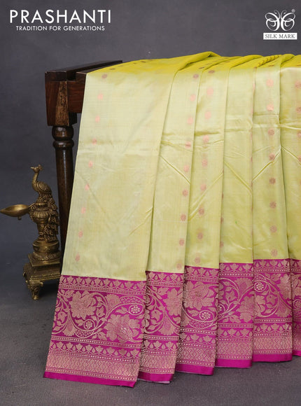 Pure banarasi katan silk saree pale yellow and purple with zari woven buttas and copper zari woven border