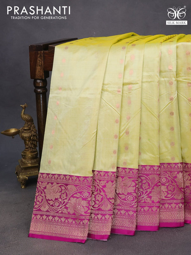 Pure banarasi katan silk saree pale yellow and purple with zari woven buttas and copper zari woven border