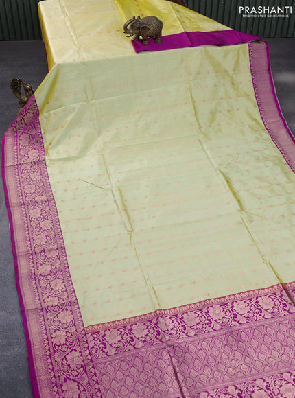 Pure banarasi katan silk saree pale yellow and purple with zari woven buttas and copper zari woven border