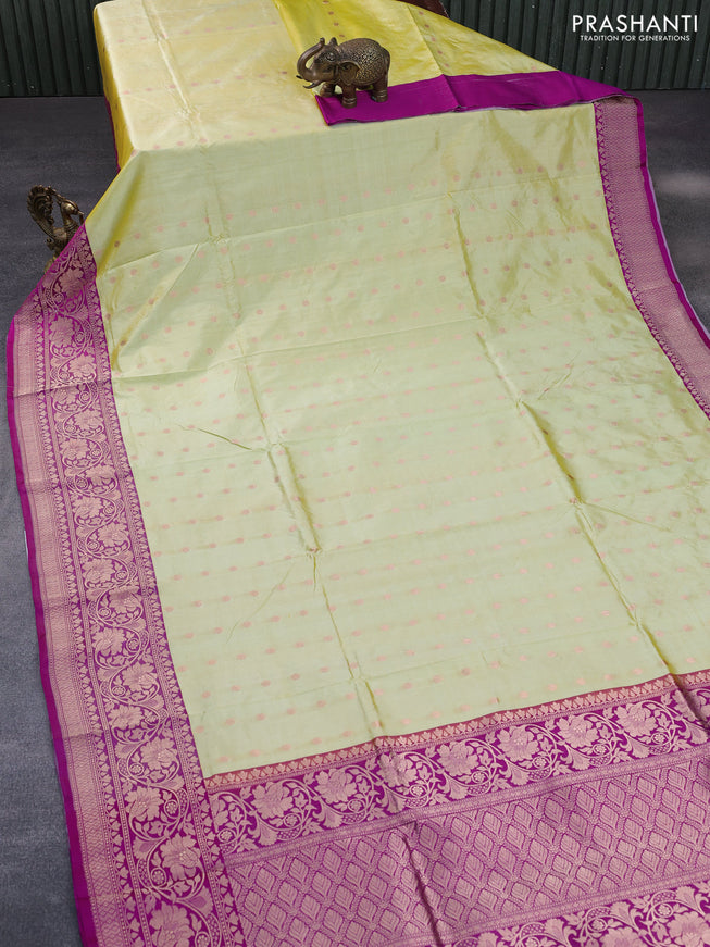 Pure banarasi katan silk saree pale yellow and purple with zari woven buttas and copper zari woven border