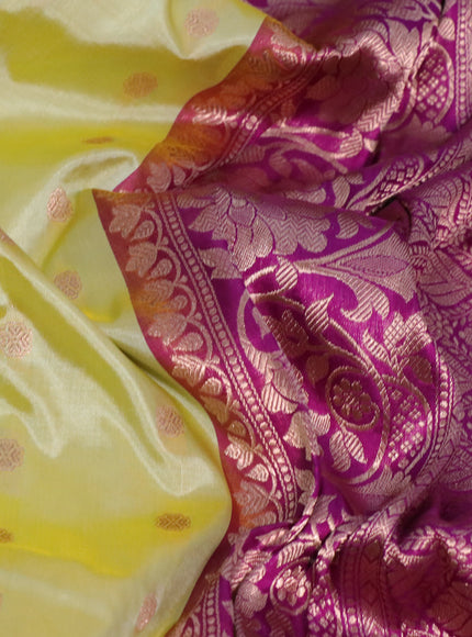 Pure banarasi katan silk saree pale yellow and purple with zari woven buttas and copper zari woven border