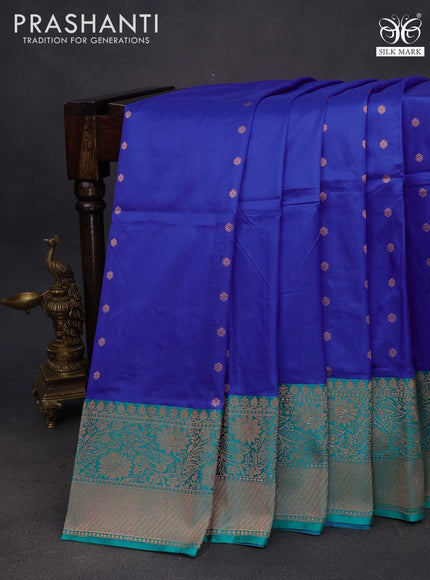 Pure banarasi katan silk saree royal blue and teal green with zari woven buttas and floral zari woven border