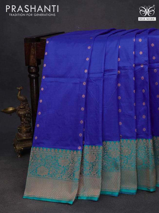 Pure banarasi katan silk saree royal blue and teal green with zari woven buttas and floral zari woven border