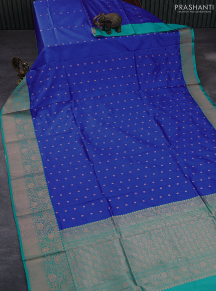 Pure banarasi katan silk saree royal blue and teal green with zari woven buttas and floral zari woven border