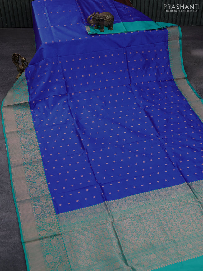 Pure banarasi katan silk saree royal blue and teal green with zari woven buttas and floral zari woven border